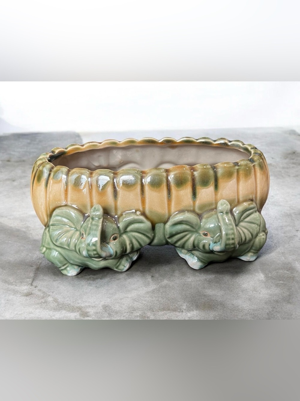 Vintage Large Green Majolica Lucky Elephant Oval Planter Art Pottery